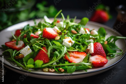 Healthy diet strawberry salad with arugula and feta cheese in the plate close up