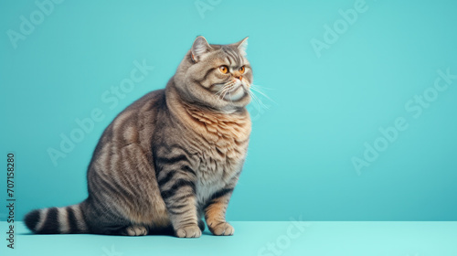 Fat British cat sits on blue background, puts its paw funny and looks ahead with big yellow eyes. Obesity in cats, overweight in animals. © PaulShlykov