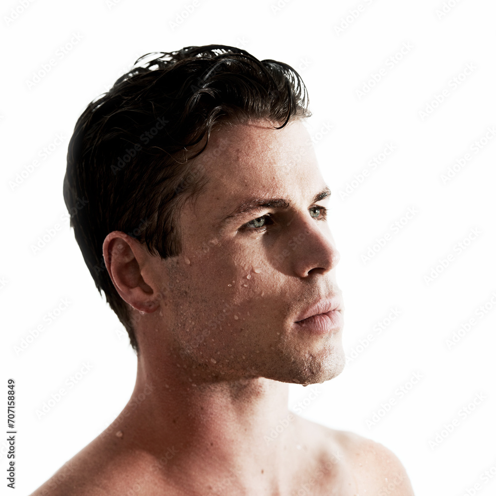Fototapeta premium Shower, sexy and face of man with water for washing, cleaning and skincare wellness. Young, hot and male model person with facial grooming and hygiene for healthy skin by white studio background.