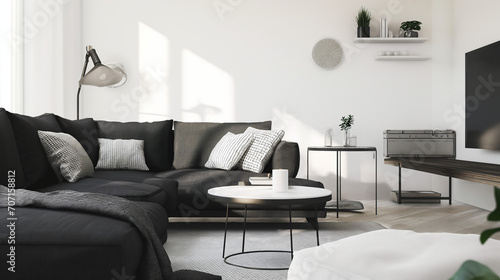 Interior Minimalist home, sofa and decoration living room, black, white and gray tones colour.