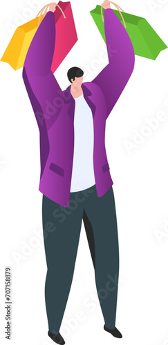 Happy man with shopping bags celebrating sale. Smiling male shopper enjoys discounts. Joyful shopping spree consumer satisfaction vector illustration.