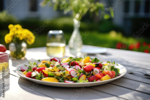 Delicious healthy food with fresh salad  fruits and vegetables  served on the table in the garden
