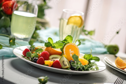 Table setting with food, healthy fruit and vegetable salad 