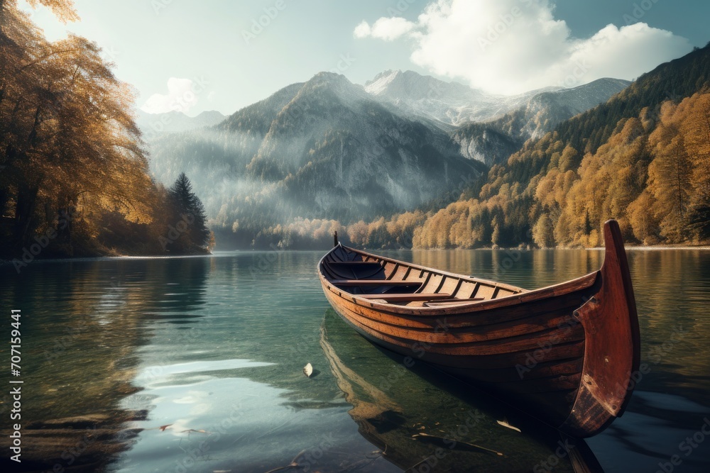 a wooden boat in water with mountains and trees.