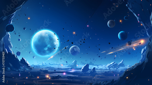 A space adventure, planets, stars, rockets, blue and black colors, sci-fi style, abstract polygons and stars