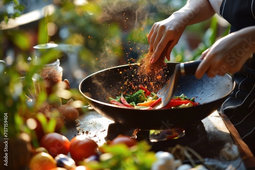 a woman adding spices onto a wok and cooking vegetables. photo
