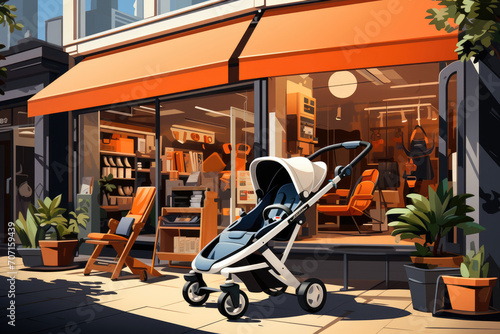 Modern baby stroller shop. The image showcases a contemporary retail space with an array of stylish and functional baby strollers, prams, and accessories. photo
