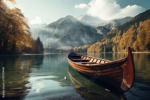 a wooden boat in water with mountains and trees. © olegganko