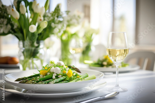 Table setting with food, grilled asparagus salad