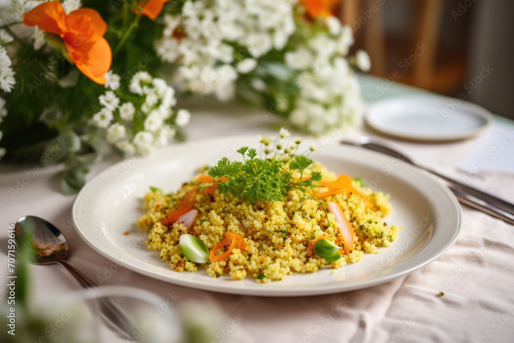 Table setting with food, quinoa salad with orange and pistachio Table setting with food, quinoa salad with orange and pistachio