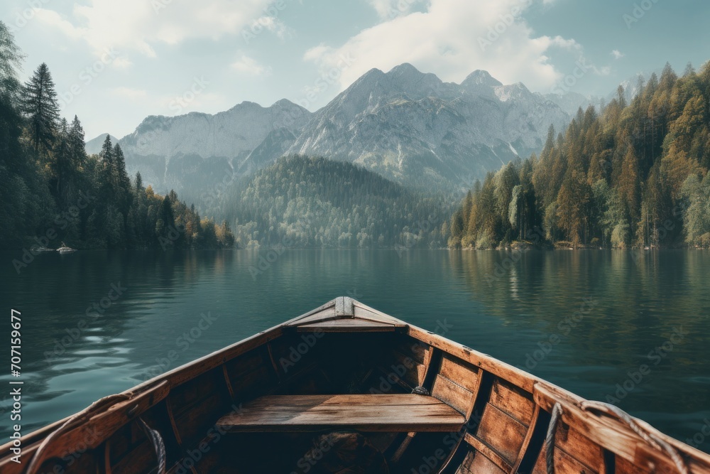 a wooden boat in water with mountains and trees.