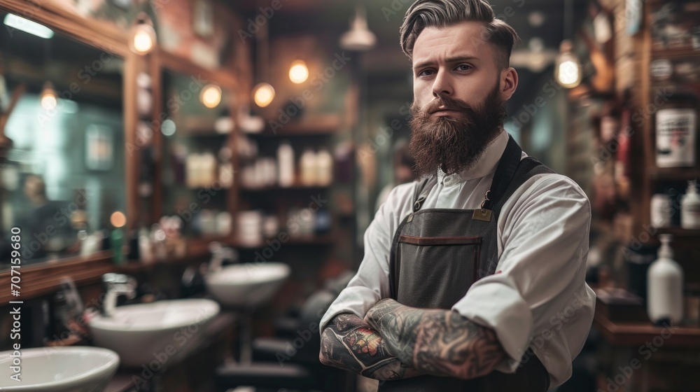 handsome brutal barber portrait in barbershop.