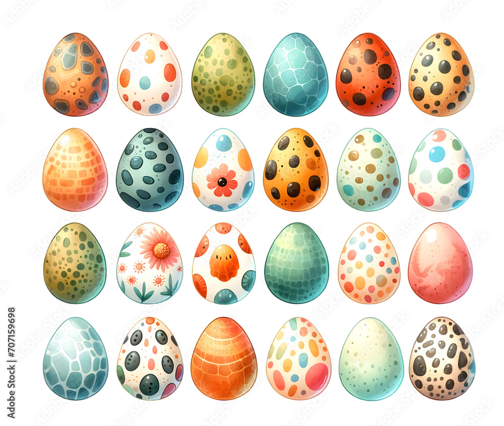 Watercolor cute dinosaurs and dinosaur eggs on white background.