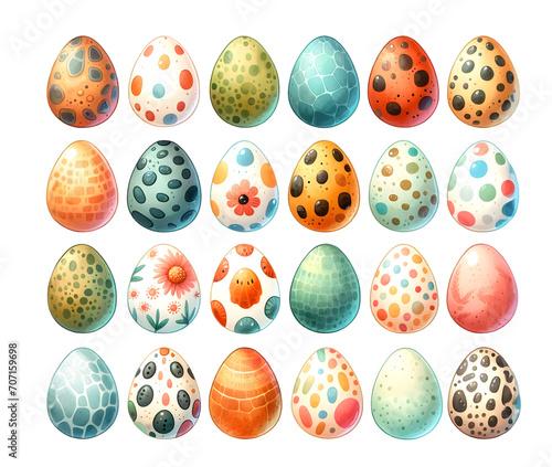 Watercolor cute dinosaurs and dinosaur eggs on white background.