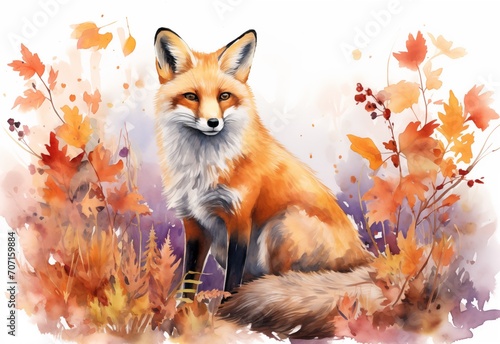 Watercolor fox with flowers. Watercolor background Fox Illustration on a grassy field. Watercolor painting design