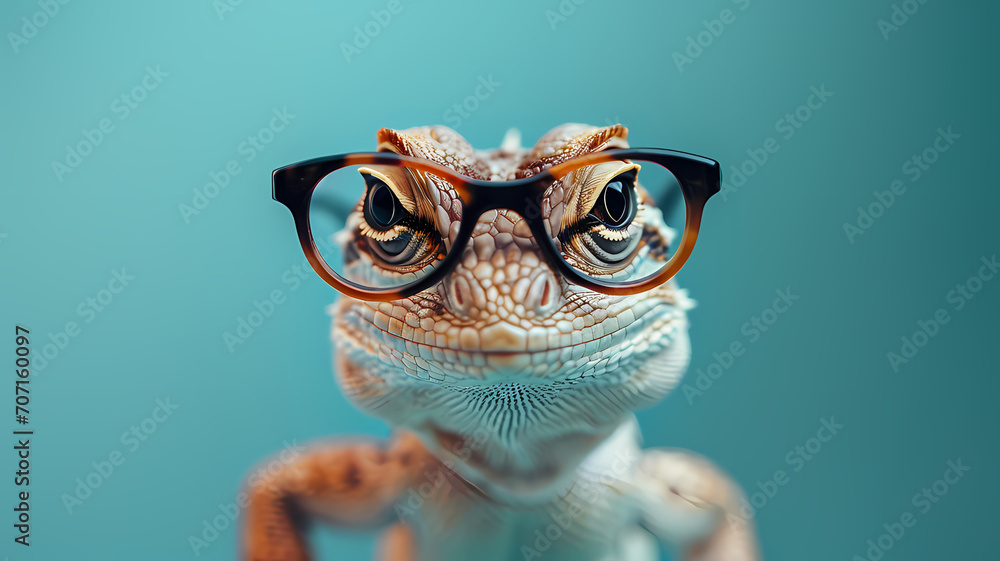 Lizard wearing glasses on a plain color background, looking curious Lizard wearing glasses on a plain color background, looking curious