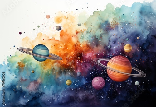 Abstract wallpaper. Digital art print, Planets of the Solar System watercolour poster. Universe planet graphic illustration, poster