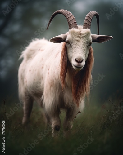 a goat with brown horns and a white coat standing on the grass.