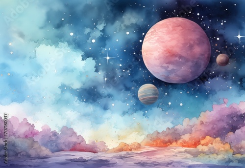 Abstract wallpaper. Digital art print, Planets of the Solar System watercolour poster. Universe planet graphic illustration, poster