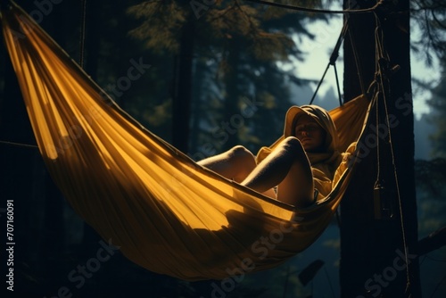 a hiking figure in a hammock with nature. photo