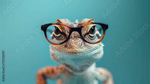 Lizard wearing glasses on a plain color background, looking curious photo