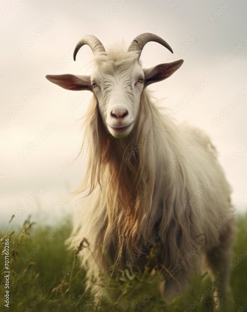 a goat with brown horns and a white coat standing on the grass. a goat with brown horns and a white coat standing on the grass.