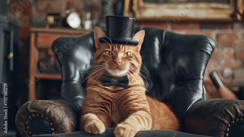 Photo of a cute, charming cat wearing a bow tie and a top hat while sitting in a chair photo