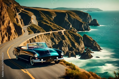 A vintage convertible car driving along a picturesque coastal road, with the ocean on one side and cliffs on the other. © Resonant Visions