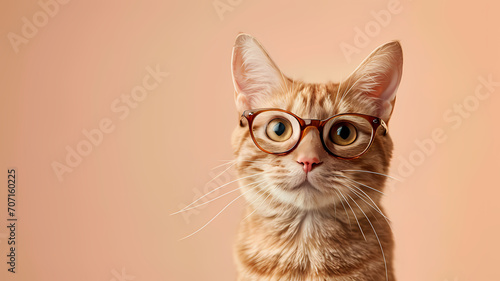 smart and intelligent cat wearing glasses with a plain color background