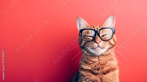 Photo of a cute and curious cat wearing glasses with a plain color background photo