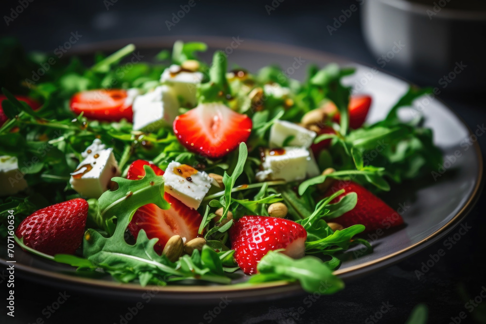 Healthy diet strawberry salad with arugula and feta cheese in the plate close up Healthy diet strawberry salad with arugula and feta cheese in the plate close up