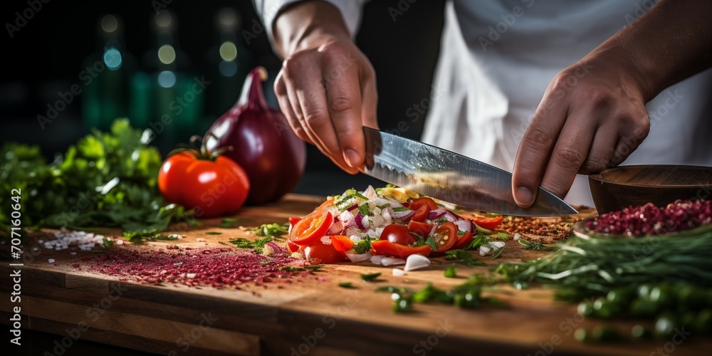 Chef using Knife Cutting Vegetable Salad in a Professional Kitchen