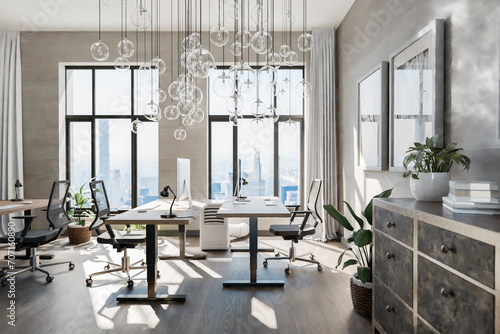 luxurious loft apartment with floor-to-ceiling windows and panoramic view  modern minimalistic interior design of workspace home office area  bright daylight  3D rendering