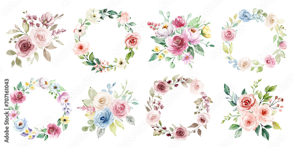 Floral set, watercolor flowers hand painting, vintage bouquets, wreaths with roses and peonies. Decoration for poster, greeting card, birthday, wedding design. Isolated on white background.
