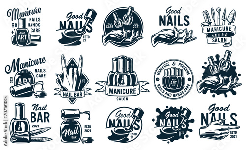Set of manicure designs for nail bar and beauty salon. Nail polish, manicured female hands, beautiful woman face, eyelash extension, makeup, hairdressing fingernail. Logo for beauty care service