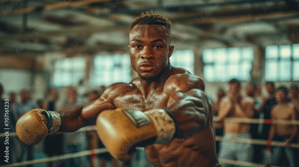 Focused male boxer in a ring, depicting strength and intensity in boxing. Focused male boxer in a ring, depicting strength and intensity in boxing.