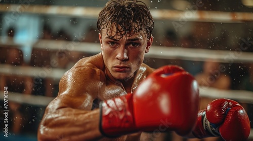 Focused male boxer in a ring, depicting strength and intensity in boxing. © Ivy