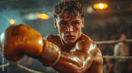 Focused male boxer in a ring, depicting strength and intensity in boxing.