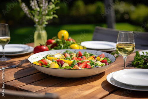 Delicious healthy food with fresh salad, fruits and vegetables, served on the table in the garden