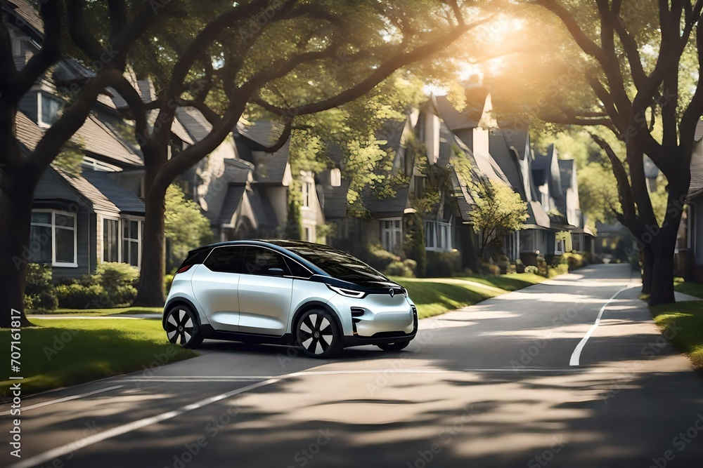 A modern electric car driving on a tree-lined road in a suburban neighborhood.