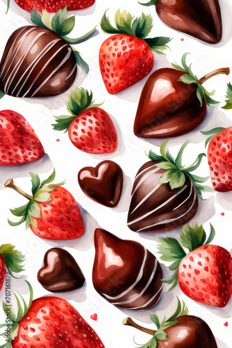 Watercolor valentine strawberries covered chocolate on white background. Holiday design.