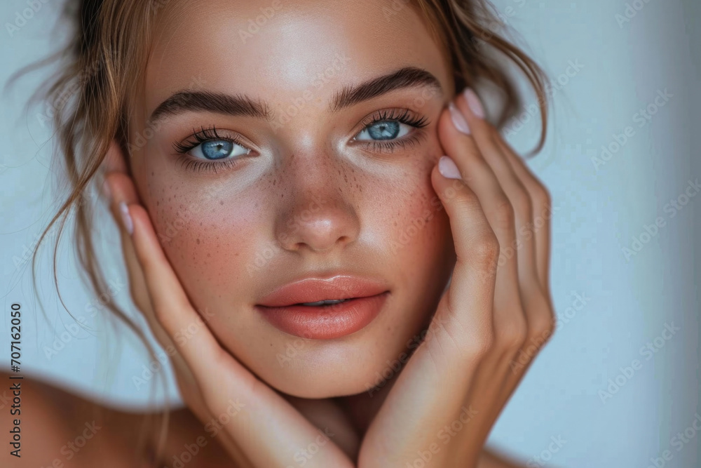 Beautiful Woman With Perfect Skin Gently Touches Her Face Beautiful Woman With Perfect Skin Gently Touches Her Face