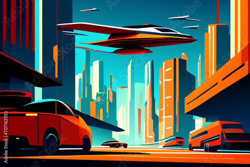 A futuristic cityscape with flying cars. vektor icon illustation