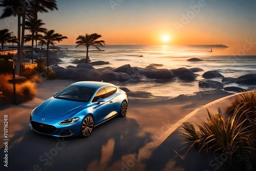 A modern blue car parked in a beachfront parking area, positioned right along the water's edge as the sun sets, casting a golden glow over the scene. © Resonant Visions