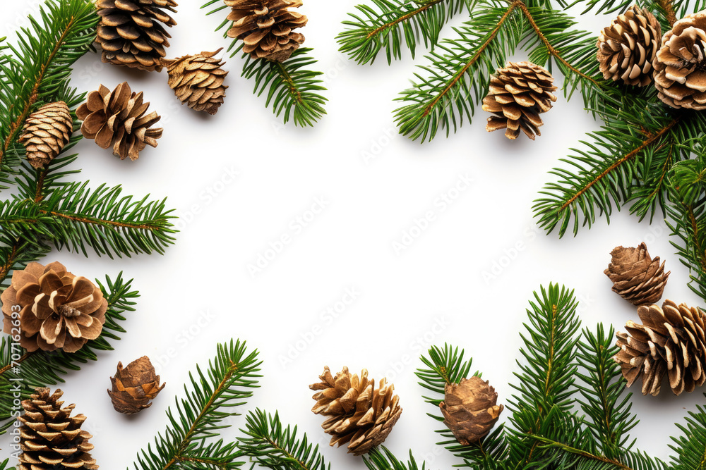 Festive Christmas Frame Featuring Spruce Branches And Cones On A White Background Festive Christmas Frame Featuring Spruce Branches And Cones On A White Background