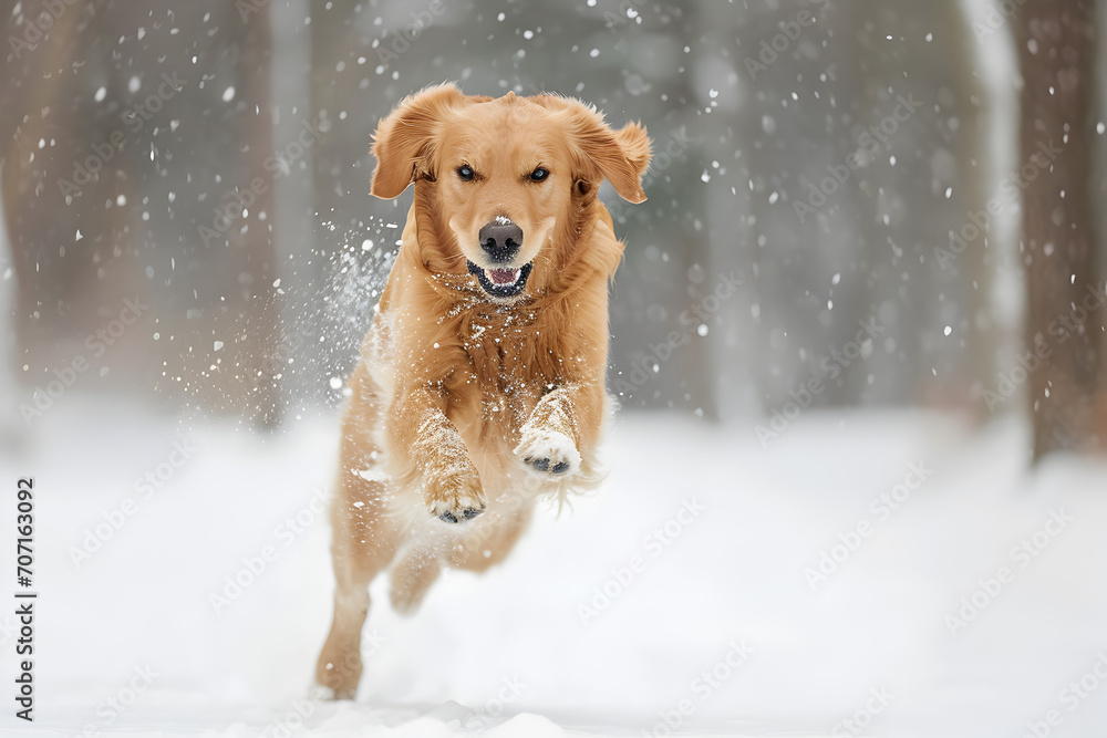 Energetic Golden Retriever Running in the Snow