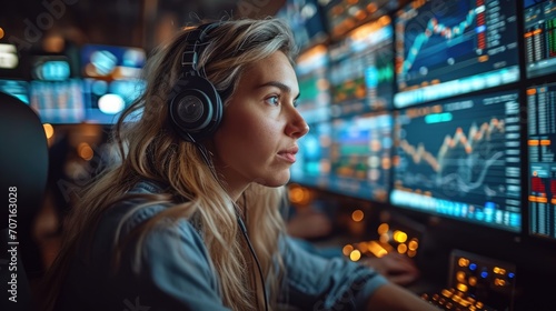 Focused female financial analyst on a busy trading floor, depicting the intensity of finance. photo