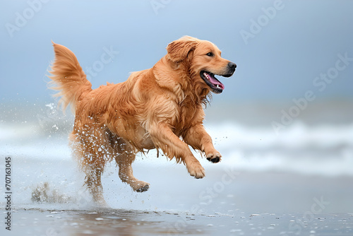 Happy Golden Retriever Running and jumping on the Beach