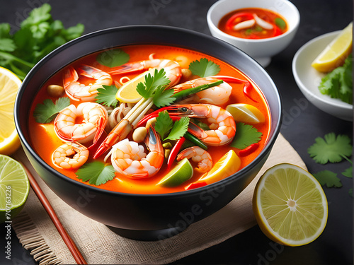 Thai Culinary Delight: Authentic Tom Yum Goong Soup with Juicy Prawns. generative AI photo