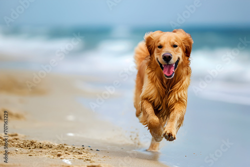 Golden Retriever Running on Beach with Blue Ocean